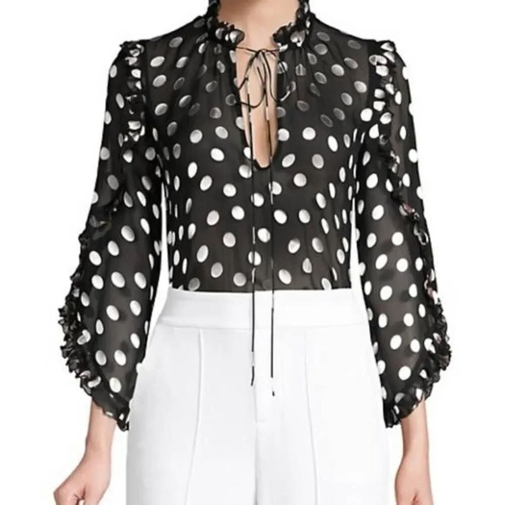 Alice and Olivia Julius Ruffled Polka Dot silk Tunic Blouse XS $285